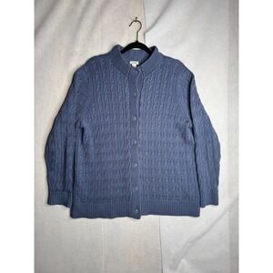LL Bean Womens XL Petite Blue Cable Knit Cotton Button Front Cardigan 511652